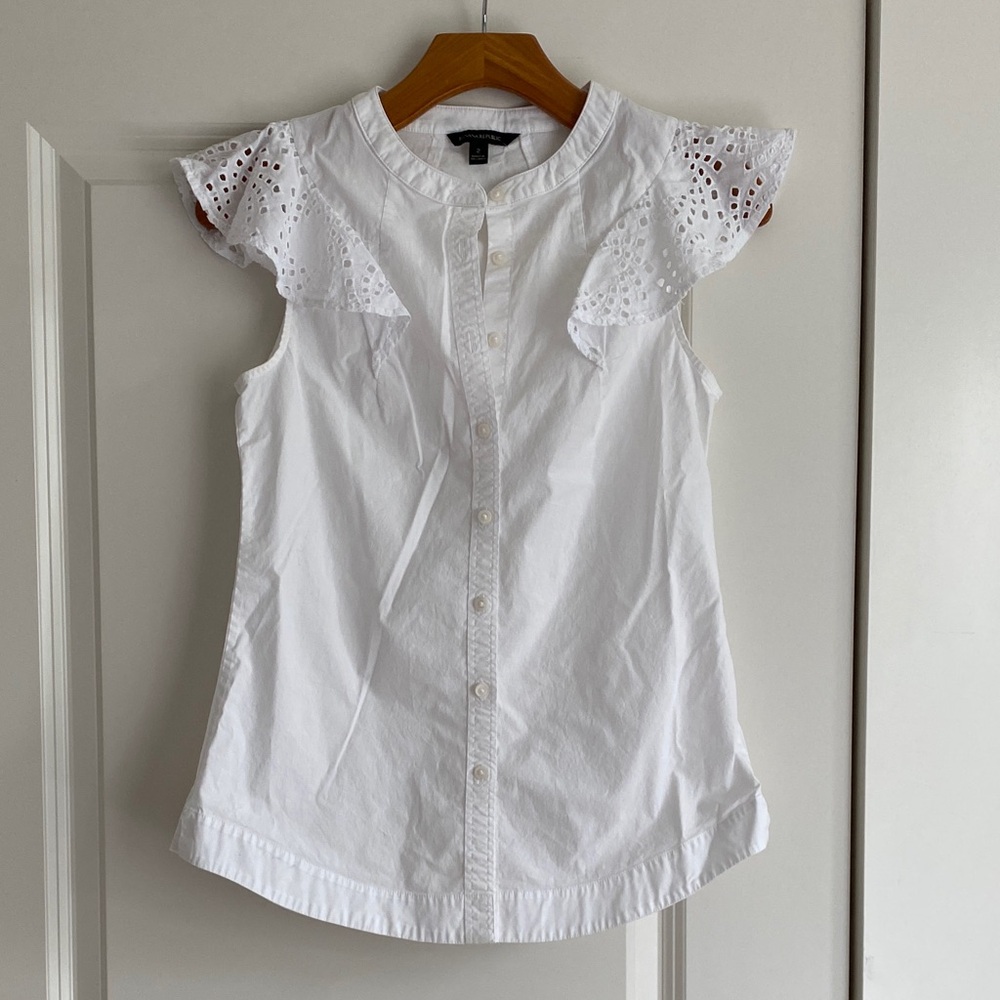 Banana Republic White Eyelet Cap-Sleeve Button-Down Top